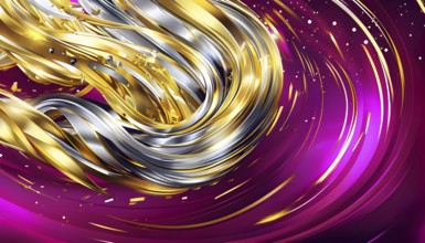 Abstract Illustration of energetic and dynamic swirl of gold, silver, and deep magenta hues,