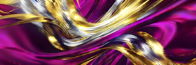 Abstract Illustration of energetic and dynamic swirl of gold, silver, and deep magenta hues,