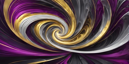 Abstract Illustration of energetic and dynamic swirl of gold, silver, and deep magenta hues,