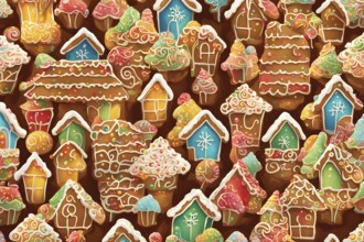 Abstract wallpaper illustration of of gingerbread house decoration, AI generated