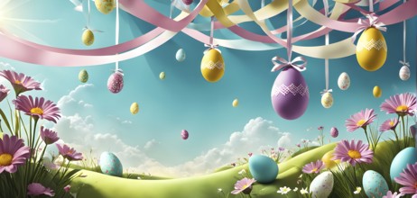 Surreal Easter scene with floating eggs, ribbons, and flowers in a dreamlike, whimsical composition