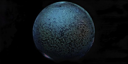 3D rendering of an abstract digital sphere composed of dots with a gradient background, AI