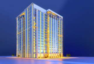 Three dimensional rendering of an illuminated modern high-rise office building, AI generated