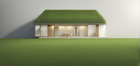 Three dimensional rendering of a residential house on grass, AI generated