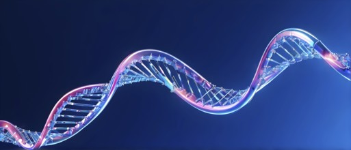 DNA double helix structure against gradient blue background, AI generated