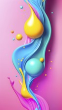 Abstract image with colorful yellow and turquoise blobs and liquid shapes on a pink background, AI