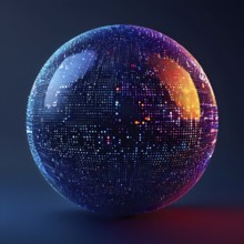 3D rendering of an abstract digital sphere composed of dots with a gradient background, AI