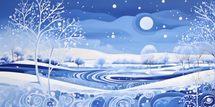 Abstract winter landscape illustration using cool blues and whites with swirling patterns and