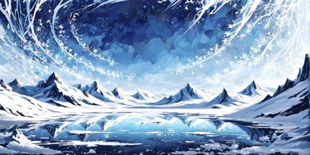 Abstract illustration of dreamy, icy landscape with swirling blues, whites, and silvers, evoking