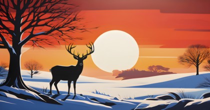 Abstract minimalist winter scene with a single, sharp silhouette of a deer and of a snow-covered