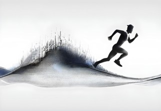 Wave of data points shaping into a runners silhouette, abstract illustration in black and white,