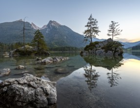 Hochkalter reflected in Hintersee, at sunset, Berchtesgaden National Park, Ramsau, Upper Bavaria,