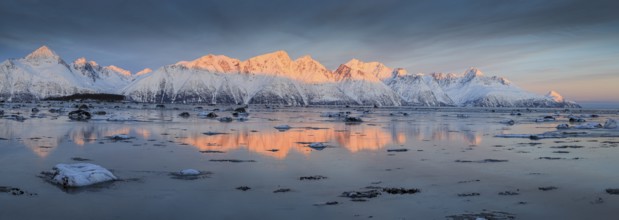 Morning light, mountains, snowy, reflection, sea, coast, fjord, winter, panorama, Lyngen Alps,