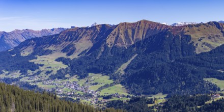 Panorama from Hoher Ifen, 2230m, into Kleinwalsertal, Allgäu, Vorarlberg, Austria, Europe