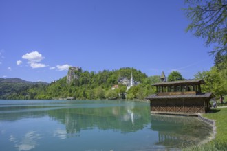 Old boathouse and castle of, Bled, municipality of Bled, Slovenia, Europe