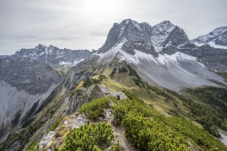 Mountaineers on a hiking trail on the ridge of Hahnkampl, mountain panorama with rocky steep peaks,