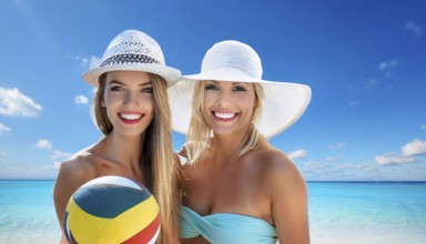 Two young woman in sun hats playing with a beach ball on the beach in the Caribbean