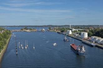 Cargo ships waiting in front of the lock, Kiel Canal, Holtenau, Kiel, Schleswig-Holstein, Germany,