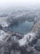 Winter lake surrounded by trees covered in hoarfrost creates a tranquil atmosphere, Gechingen,