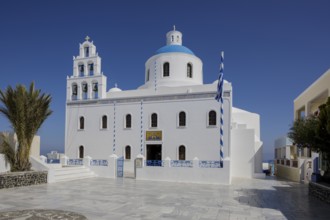 Santorini, Oia, Panagia Platsani church in the main square, Cyclades, Greece, Europe