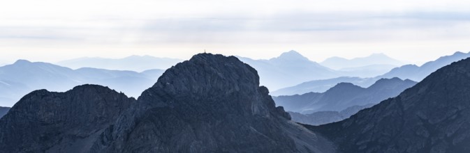 Mountain silhouette mountain peak Roßkopf, Carnic High Trail, Carnic Alps, Carinthia, Austria,