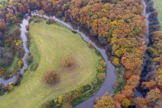 Aerial view of the Hunte in autumn, Meander, Hunte loop, Hunte, river, tree, forest, autumn