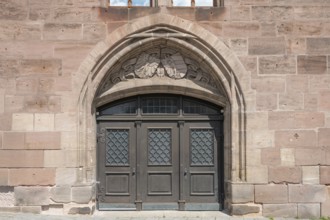 West side with coat of arms above the entrance gate, historic toll hall, built 1498-1502, former