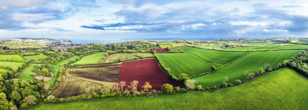 Panorama of Fields and Farms over Torquay from a drone, Devon, England, United Kingdom, Europe