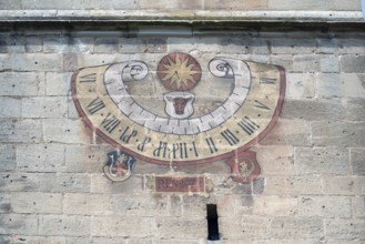 Historic sundial on the façade of the Gothic St Mary's Church, Kalbensteinberg, Middle Franconia,