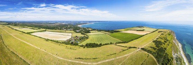 Panorama of Ballard Cliff over Studland from a drone, Jurassic Coast, Dorset Coast, Poole, England,