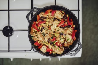 Overhead view of making chicken stew with vegetables in casserole on gas stove