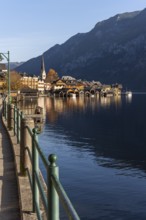 View of Hallstatt and Lake Hallstatt. In the morning in autumn. Good weather, blue sky. Hallstatt,