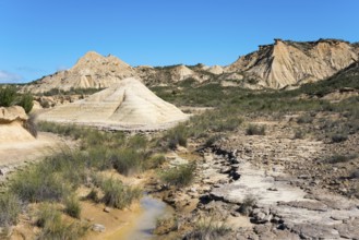 Dry desert landscape with hills and low-growing vegetation under a clear sky, Bardenas Reales