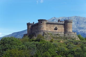 Medieval castle on a hill surrounded by nature with majestic mountains in the background, Castillo