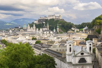 View of Salzburg with Hohensalzburg Fortress in the background and the historic city centre in the