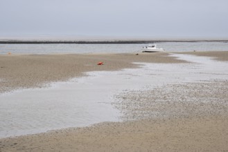 Wadden Sea at low tide with numerous piles of lugworms, two buoys, boat on dry mudflats, Utersum,