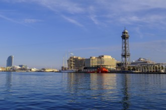 At the harbour, with Telefèric del Port, cable car tower, Barcelona, Catalonia, Spain, Europe