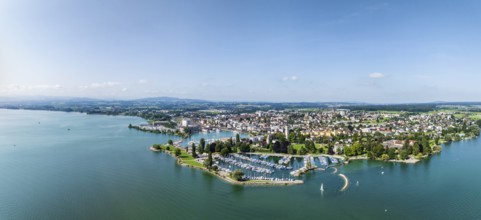 Harbour area, ferry port, yacht harbour, marina of Romanshorn with lake park, aerial view,