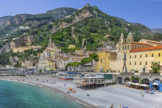 Waterfront of the village with beach, Amalfi, Amalfi Coast, Amalfitana, Campania, Italy, Europe