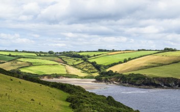 Fields and Farms over Mothecombe Beach, Mothecombe, River Emme and Red Cove, Plymouth, South Devon,