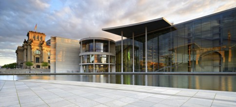 The Reichstag and the Paul Löbe House on the banks of the Spree in the evening light, Spreebogen,