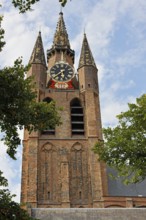 Historic city centre of Delft, tower of the Gothic Old Church, Oude Kerk, Delft, Zuid-Holland,