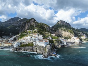 Amalfi from a drone, Salerno, Campania, Italy, Europe