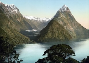 The Mitre Peak, Milford Sound, New Zealand, 1890, Historic, digitally restored reproduction from a