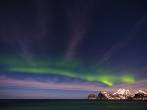 Northern lights, aurora borealis, above snow-covered mountains in the starry sky, Lofoten, Norway,