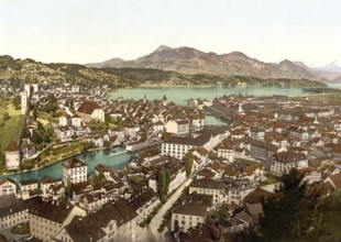 Rigi, seen from the Gutsch, Lucerne, Switzerland, Historical, digitally restored reproduction from