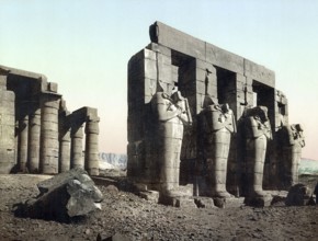 Thebes, Ramesseum. Statues of Orisis and the Pillars of the Temple, Egypt, Historical, digitally