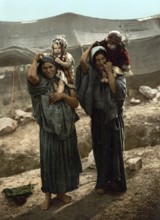 Bedouins, Women with Children, Lebanon, Historical, digitally restored reproduction from a 19th