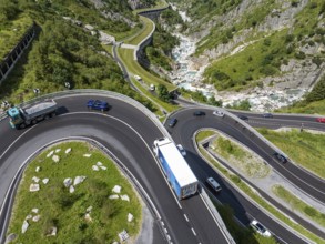 Switchbacks on the Gotthard Pass. Winding Alpine road. Drone photo. Andermatt, Canton Uri,