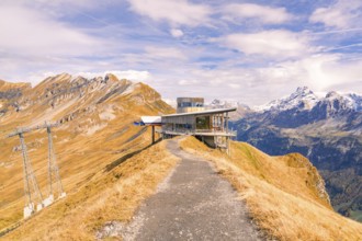 Modern mountain station on a sunny mountain peak, Planplatten, Switzerland, Europe